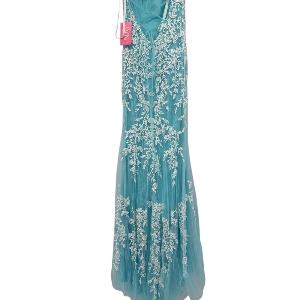 Jovani Turquoise Long Appliqued High Slit Sheath Gown NEW Size 4 Mermaid JVN - Picture 8 of 16